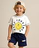 Mark & Mia Cotton Knit Half Sleeves Oversized T-Shirt & Shorts Set With Pocket & Graphics Detailing - White & Navy Blue