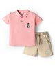 Mark & Mia Cotton Knit Half Sleeves Polo T-Shirt & Shorts Set With Pocket & Graphics Detailing - Pink & Beige