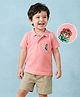 Mark & Mia Cotton Knit Half Sleeves Polo T-Shirt & Shorts Set With Pocket & Graphics Detailing - Pink & Beige