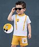 Mark & Mia Cotton Knit Half Sleeves Mandarin Collar T-Shirt & Shorts Set With Pocket & Graphics Detailing - White & Yellow