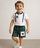 Mark & Mia Cotton Knit Half Sleeves Mandarin Collar T-Shirt & Shorts Set With Pocket & Graphics Detailing - White & Green