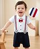 Mark & Mia Cotton Knit Half Sleeves Rompers with Suspender Bow Applique & Panda Patch - White & Navy Blue