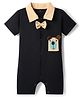 Phy Req - Pankaj Mark & Mia Cotton Knit Half Sleeves Front Open Romper with Bow Applique & Patch Detailing - Navy Blue