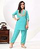 FlyFinns Cotton Three Fourth Sleeves Katha Printed & Lace Embellished Katha Kurta & Coordinating Pant Set - Green