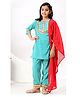 FlyFinns Cotton Three Fourth Sleeves Katha Printed & Lace Embellished Katha Kurta & Coordinating Pant With Dupatta Set - Green