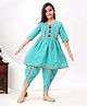 FlyFinns Cotton Half Sleeves Katha Printed Tassels & Lace Embellished Dhoti Kurta Set - Sea Green