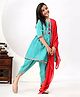 FlyFinns Cotton Half Sleeves Katha Printed Tassels & Lace Embellished Dhoti Kurta With Dupatta Set - Green
