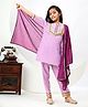 FlyFinns Cotton Three Fourth Sleeves Gota Lace Embellished Katha Printed Coordinating Kurta & Salwar With Dupatta Set - Lavender