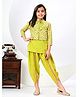 FlyFinns Rayon Floral Printed Kurta With Three Fourth Sleeves Jacket & Dhoti - Lemon Yellow