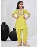 FlyFinns Cotton Three Fourth Sleeves Gota Lace Embellished Katha Printed Coordinating Kurta & Salwar Set - Lemon Yellow