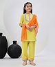 FlyFinns Cotton Three Fourth Sleeves Gota Lace Embellished Katha Printed Coordinating Kurta & Salwar With Dupatta Set - Lemon Yellow