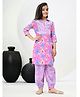 FlyFinns Cotton Three Fourth Sleeves Floral Printed Lace Embellished Kurta With Salwar - Lavender