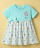 CUCUMBER Interlock Knit Half Sleeves Frocks With Mermaid Print & Bow Applique - Aqua