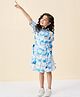StyloBug Cotton Blend Half Sleeves Abstract Printed & Swiss Dot Embroidered Shirt Style Dress - Blue