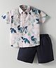 Rikidoos Cotton Half Sleeves Leaves Printed Shirt With Shorts Set - Light Cream & Navy Blue