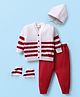 Babyhug Knitted Full Sleeves Striped Front Open Sweater with Booties & Cap 4 Piece Set - Red & White