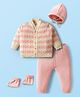 Babyhug Knit Full Sleeves Front Open Sweater Set with Cap with Knot & Booties - Pink & White