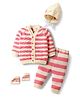 Babyhug Knit Full Sleeves Front Open Co-Ord Sweater Set with Stripe Design Cap with Knot & Booties - Pink & White