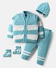 Babyhug Knit Full Sleeves Front Open Sweater Set with Stripe Design Cap with Knot & Booties - Blue & White