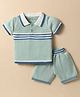 ToffyHouse Cotton Woven Half Sleeves Polo T-Shirt & Shorts Set with Stripes - Mint