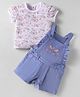 ToffyHouse 100% Cotton Woven Bunny Embroidery & Floral Printed Dungaree with Half Sleeves Top - Multicolor