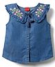 Babyhug Sleeveless Front Open Peter Pan Collared Denim Top with Floral Embroidery - Navy Blue