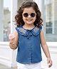 Babyhug Sleeveless Front Open Peter Pan Collared Denim Top with Floral Embroidery - Navy Blue