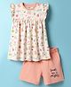 CUCUMBER Sinker Knit Frill Sleeves Floral Printed Frocks With Shorts - Pink