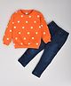 Kiwi Cotton Full Sleeves Stars Printed Tee & Jeans Set - Orange & Blue