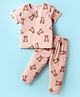 Toffyhouse Cotton Knit Half Sleeves Co-Ords Night Suit With Bear Print - Beige