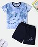 Nino Togs Cotton Lycra Half Sleeves Aeroplane Patch Embroidered Tie Dye Coordinating Tee & Shorts Set - Sky Blue & Navy Blue