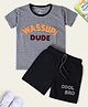 Nino Togs Cotton Lycra Half Sleeves Wassup Dude Text Patch Embroidered Striped Tee & Shorts Set - Grey & Black