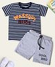 Nino Togs Cotton Lycra Half Sleeves Wassup Dude Text Patch Embroidered Striped Tee & Shorts Set - Navy Blue & Grey