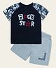 Nino Togs Cotton Lycra Raglan Half Sleeves Rockstar Printed Tee and Shorts Set - Navy and Grey