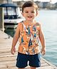 Babyhug Single Jersey Knit Sleeveless Tank T-Shirt & Shorts Set With Nautical Print Theme - Orange & Navy Blue