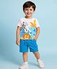 Babyhug Single Jersey Knit Half Sleeves T-Shirt & Shorts Set With Animal Print - White & Blue