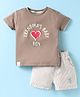 First Smile Interlock Knit Half Sleeves T-Shirt & Shorts Set with Text Print & Stripes - Tan