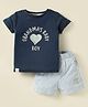 First Smile Interlock Knit Half Sleeves T-Shirt & Shorts Set with Text Print & Stripes - Navy Blue