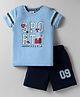 Lazy Bones Sinker Knit Half Sleeves T-Shirt & Shorts Set With Sport Print - Light Blue & Black