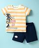 Ollypop Sinker Knit Half Sleeves Striped T-Shirt & Shorts Set with Beach Theme Print - Cream & Black