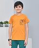 YOUMAA 100% Cotton Half Sleeves T-Shirt With Abstract Moon Theme Graphics Print - Mustard