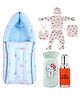 Cute Landings 12 Items Baby Shower Gift Set for New Born Clothes Muslin Sleeping Bag Feeding Bottle & Cover- MultiColor