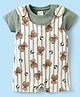 First Smile Interlock Knit Half Sleeves Dungaree Style Rompers With Bear Print - Olive Green