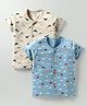Pink Rabbit Single Jersey Knit Front Open Half Sleeves Vests With Dino & Vehicle Print Pack Of 2 - Light Blue & Cream