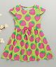 BUMZEE Cotton Knit Cap Sleeves Strawberry Printed Dress With Bow Applique - Light Green