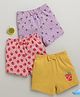BUMZEE Cotton Knit Above Knee Length Ice Cream & Strawberry Printed Shorts With Bow Applique Pack of 3 - Yellow Pink & Lavender