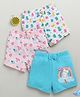 BUMZEE Cotton Knit Above Knee Length Floral & Cat Printed Shorts With Bow Applique Pack of 3 - Baby Pink White & Light Blue