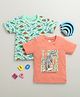 BUMZEE Cotton Knit Half Sleeves T-Shirts with Dinosaur & Text Print Pack of 2 - Light Blue & Coral
