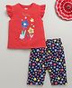 BUMZEE Cotton Knit Frill Sleeves Top & Capri Set With Floral  Print - Red & Navy Blue