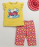 BUMZEE Cotton Knit Frill Sleeves Top & Capri Set With Butterfly Print - Lemon Yellow & Red